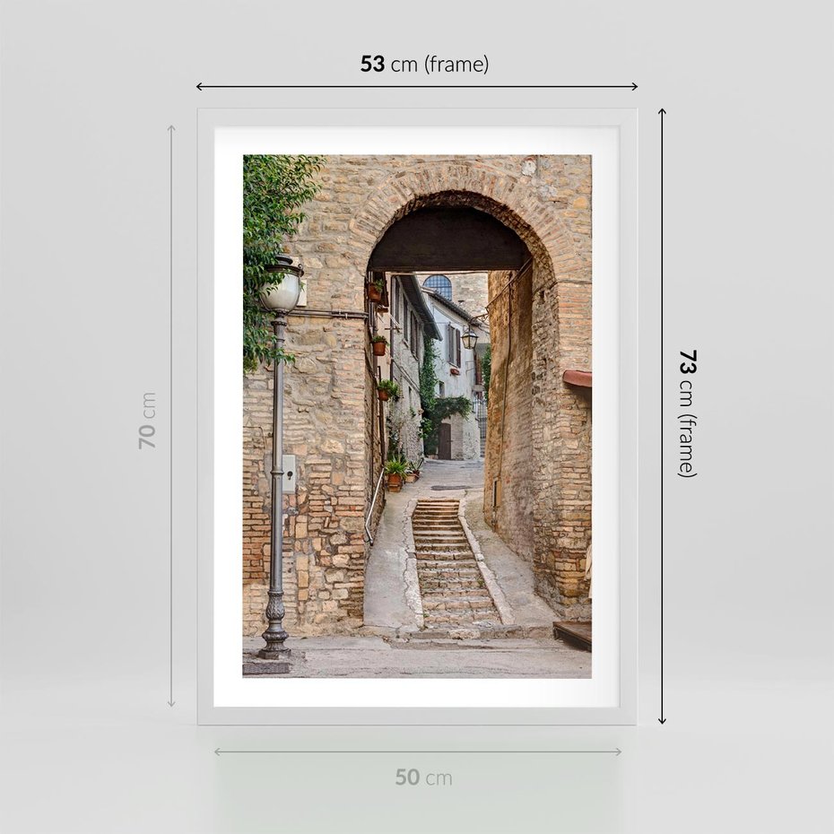 Plakat w ramie 50x70 - Klimatyczna Uliczka w Grecji - uliczka, Grecja - rama biała