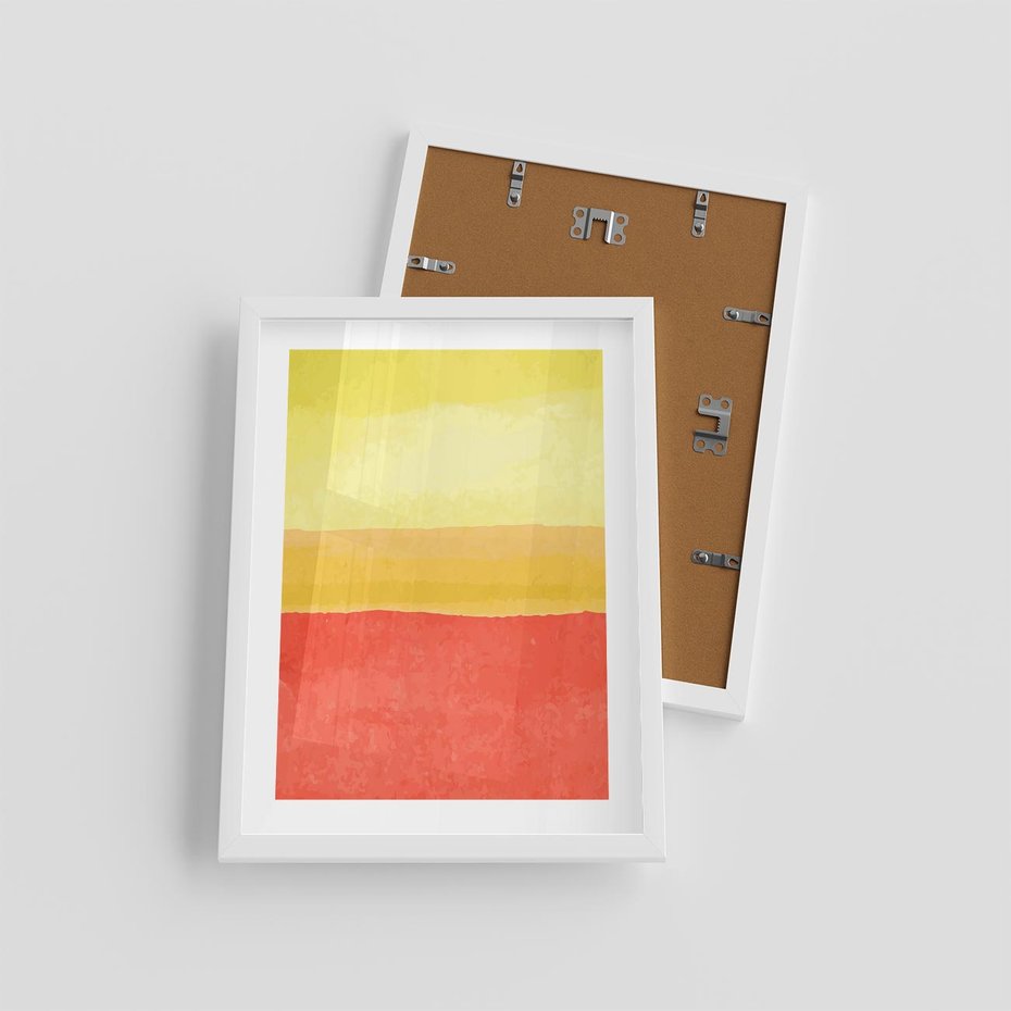 Plakat w ramie 30x40 - Rozmyte Odbicia - kolorowe akwarelowe pasy, odcienie żółci i czerwieni - rama biała