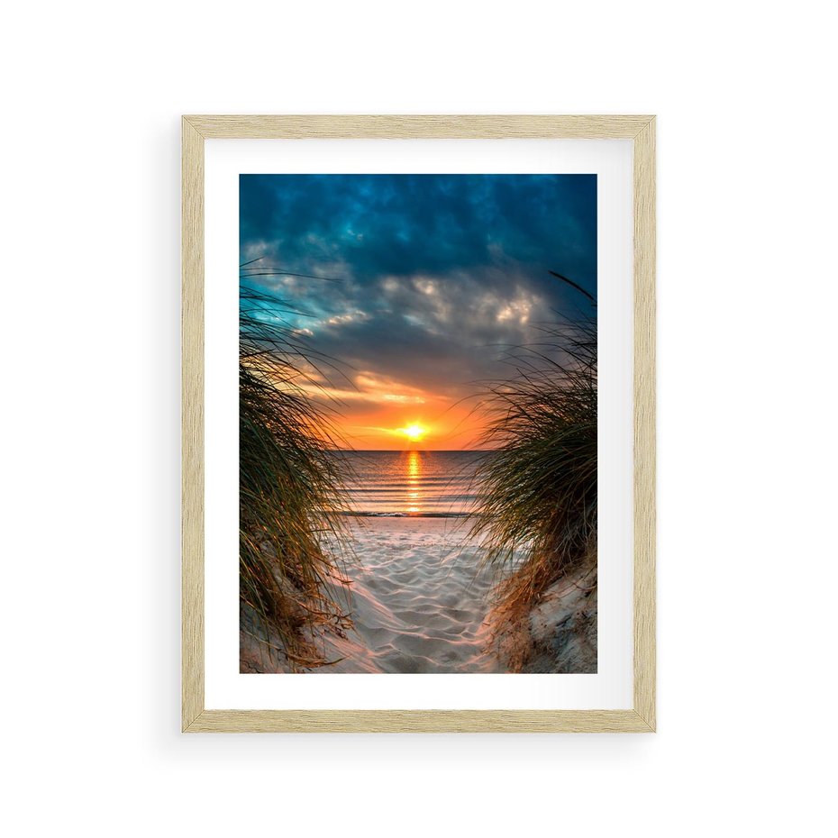 Plakat w ramie 30x40 - Magia zachodu słońca na plaży - zachód, słońca - rama drewno