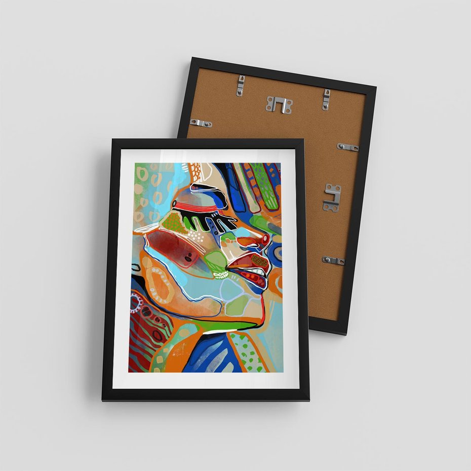 Plakat w ramie 30x40 - Kolorowe Wnętrza Kształtów - abstrakcyjny portret kobiety, twarz - rama czarna