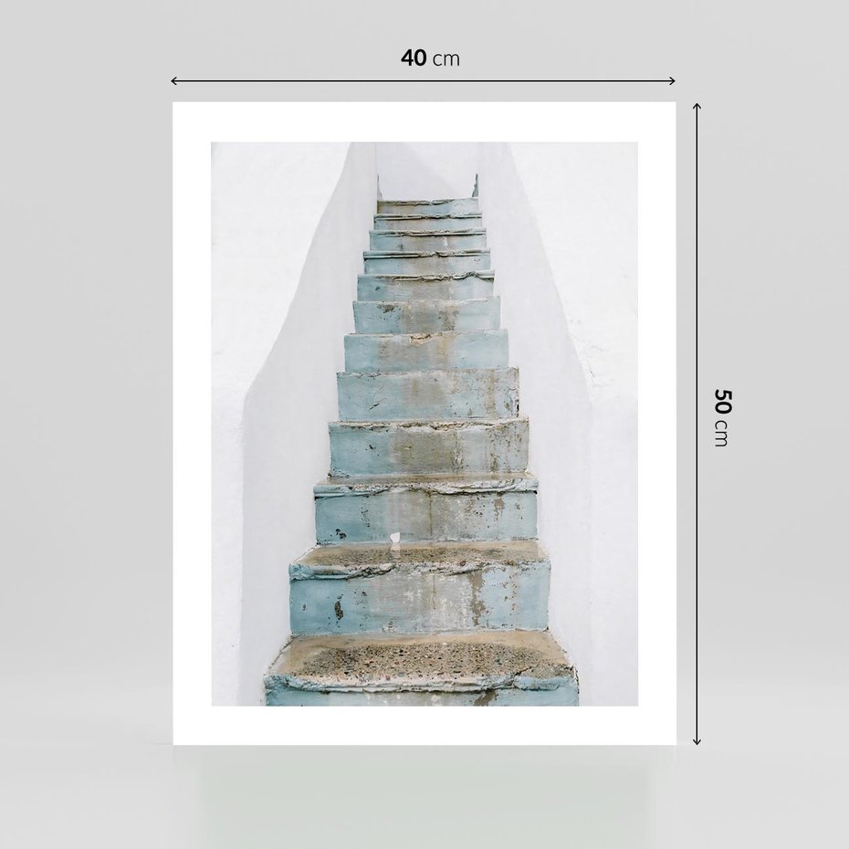 Plakat bez ramy 40x50 - Niebieskie Schody Santorini - stare kamienne schody, niebieskie schody