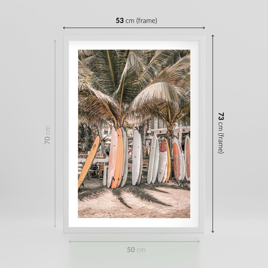 Plakat w ramie 50x70 - Surfingowy Raj - deski surfingowe, na plaży - rama biała