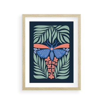 Plakat w ramie 30x40 - Granatowa Noc - granatowe tło, abstrajcyjna ćma - rama drewno