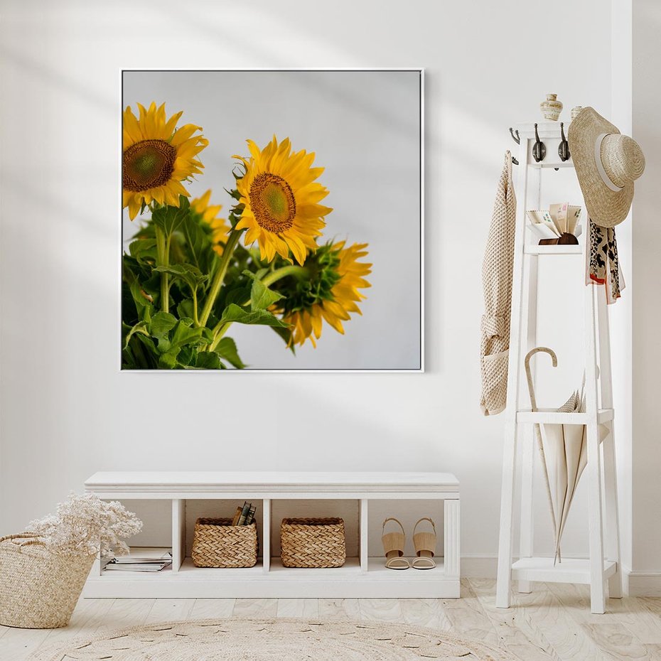 Obraz w ramie 50x50 - Słoneczna Radość - fotografia, żółte słoneczniki - rama biała