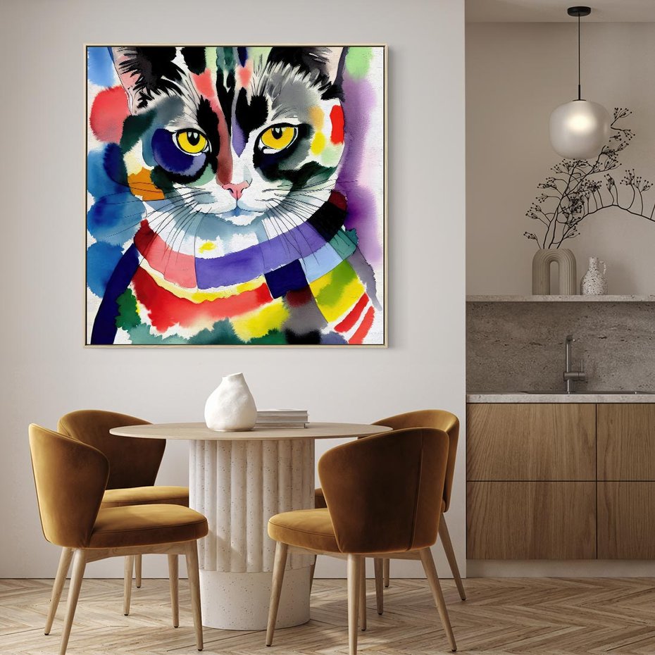 Obraz w ramie 50x50 - Koci Przyjaciel - abstrakcyjny obraz, akwarela - rama drewno