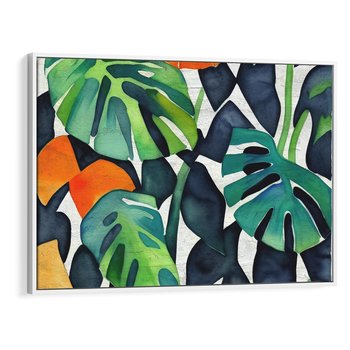 Obraz w ramie 120x80 - Tropikalne Pragnienia - akwarela, liście tropikalne - rama biała