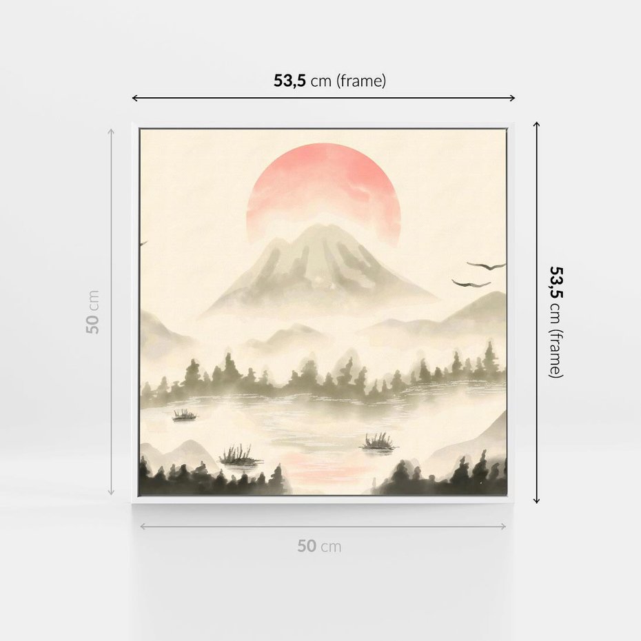 Obraz w ramie 50x50 - Przyroda Japonii - japońska akwarela, góry - rama biała