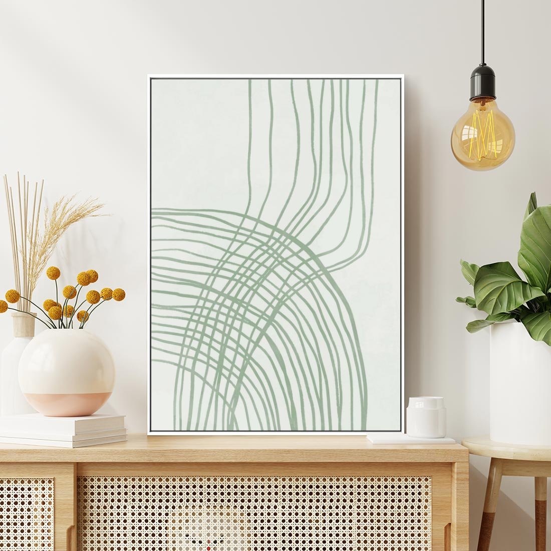 Obraz w ramie 70x100 - Migotliwa Spokojna Zieleń - zielony plakat, abstrakcyjne splątane linie - rama biała