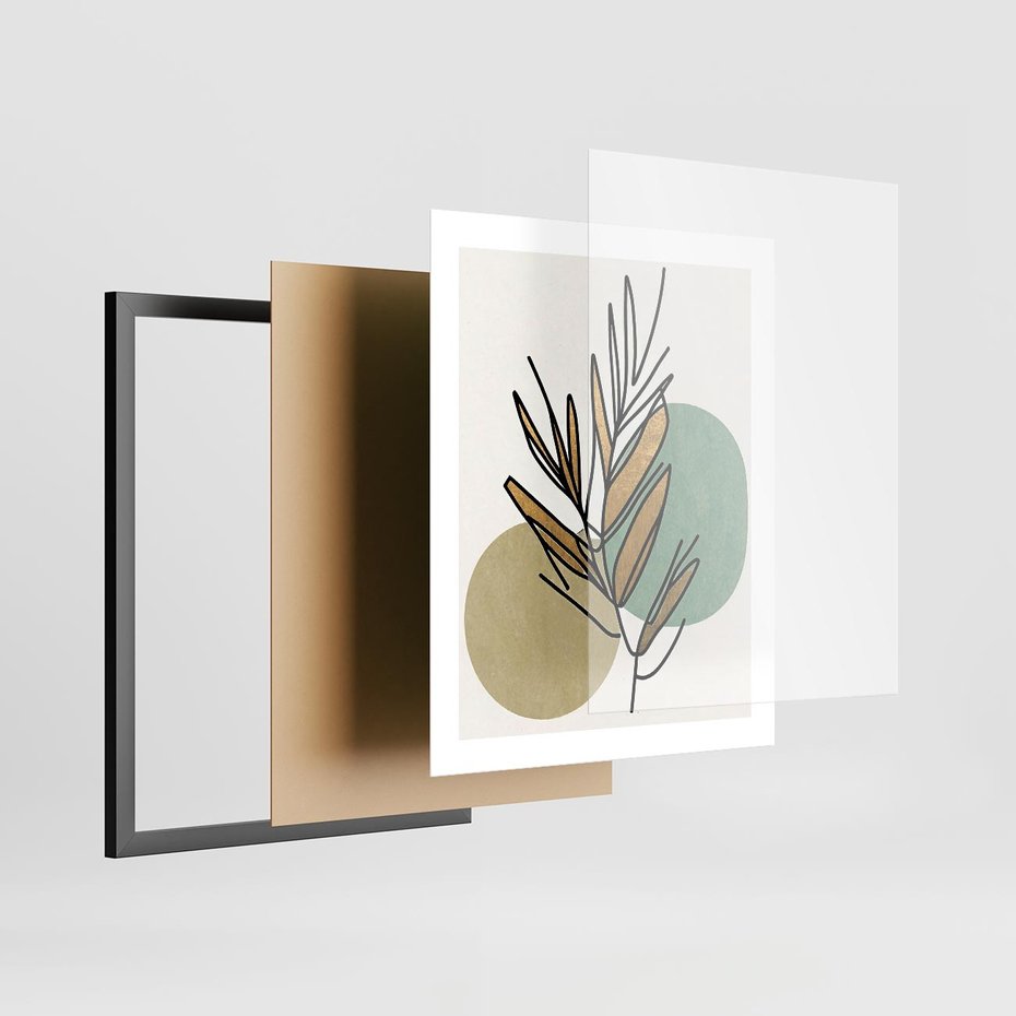 Plakat w ramie 40x50 - Migocące Ścieżki Wizji - abstrakcyjny obraz boho, liście - rama czarna