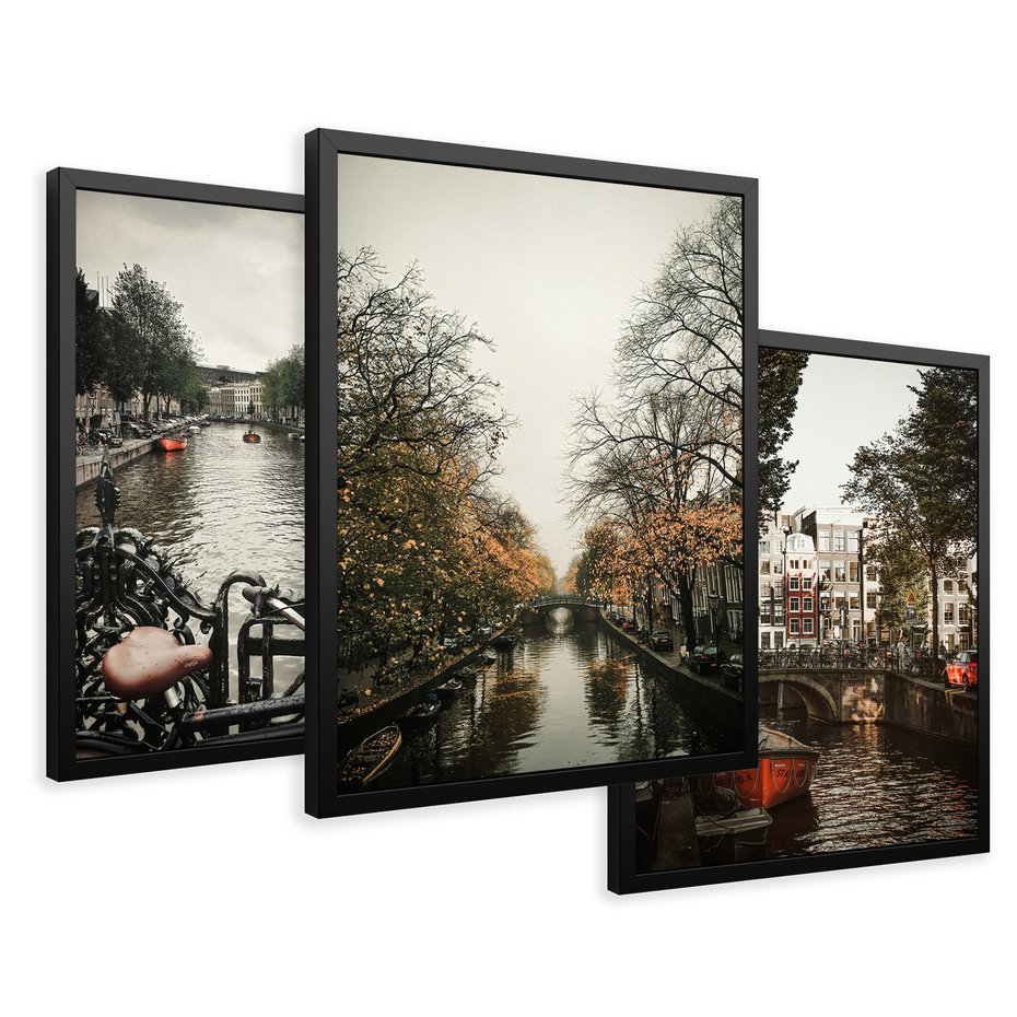 Zestaw obrazy w ramie 50x70 galeria - Kanały, miasto, woda, jesień - rama czarna
