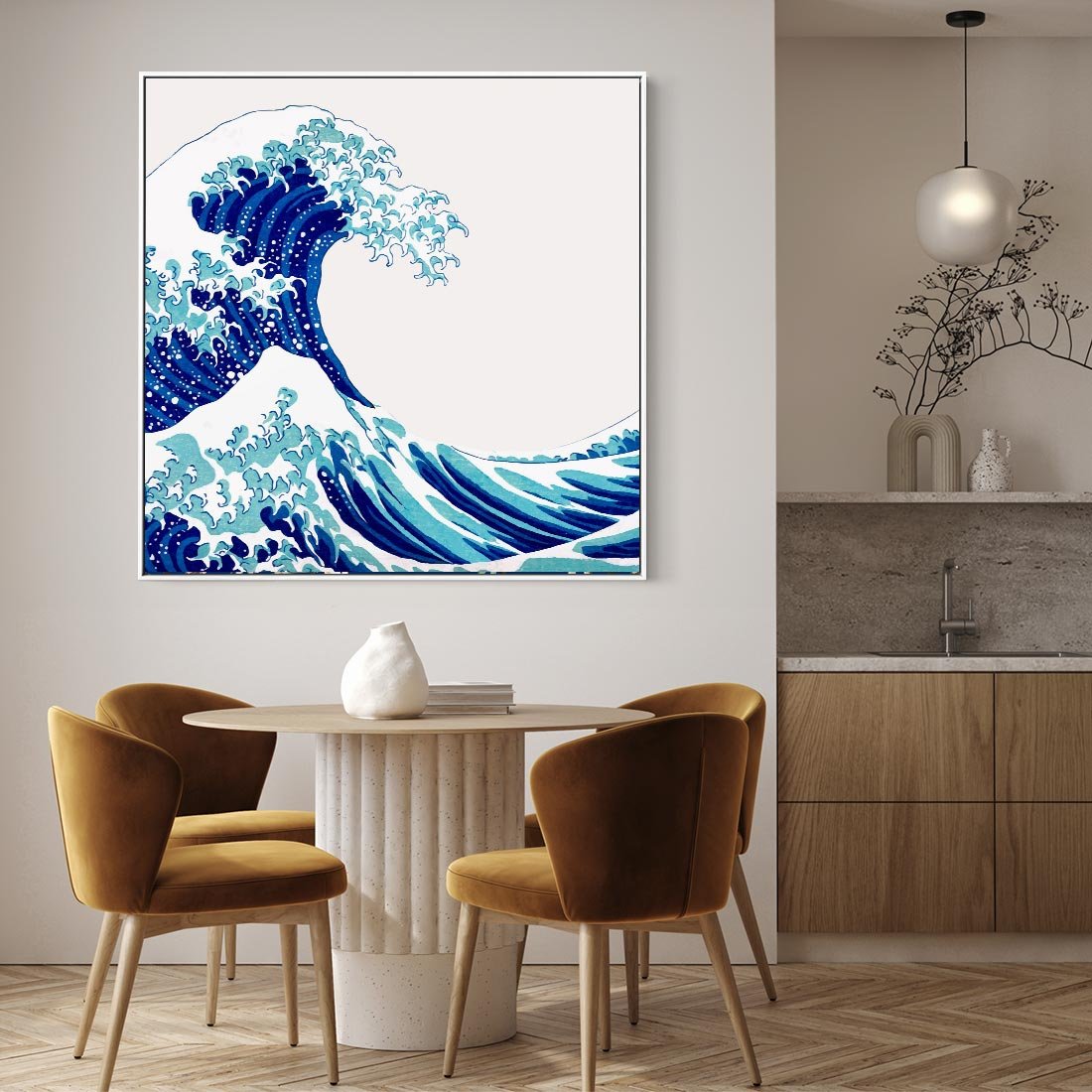 Obraz w ramie 50x50 - Fala Japandi - wielka fala w Kaganawie, obraz Hokusai - rama biała