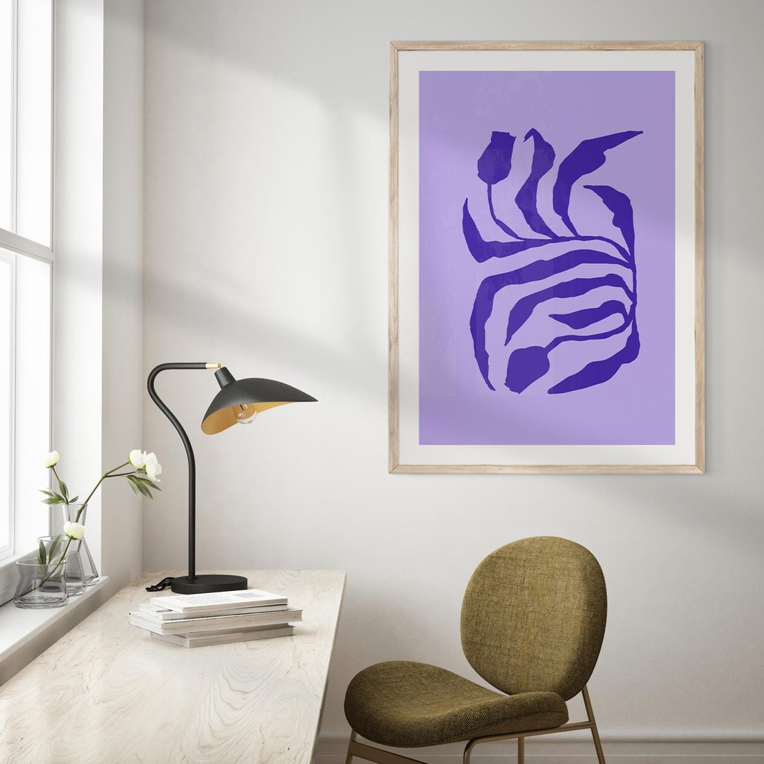 Plakat w ramie 50x70 - Boho Sztuka Wolności - kwiaty, energetyczne fioletowe tło - rama drewno