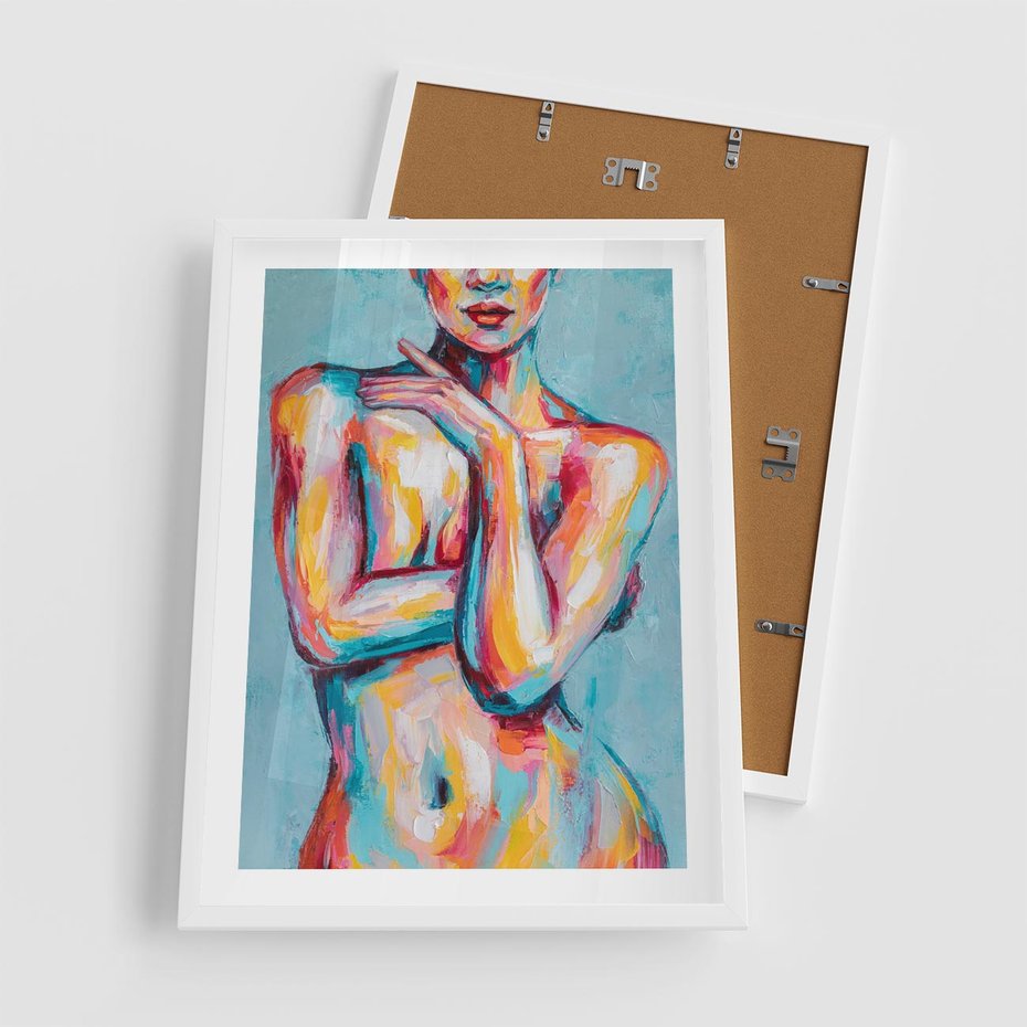 Plakat w ramie 50x70 - Nagie Natchnienie - obraz olejny, naga kobieta - rama biała