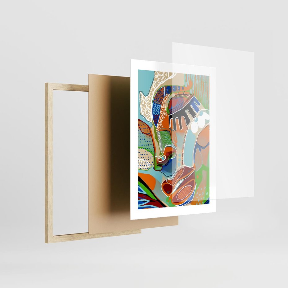 Plakat w ramie 30x40 - Wibracje Kształtów - abstrakcyjny portret kobiety, twarz - rama drewno