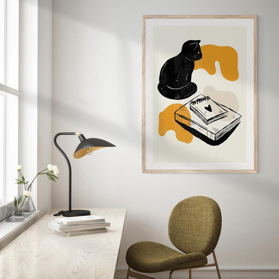 Plakat w ramie 40x50 - Nowoczesny Kot - grafika, kot - rama drewno