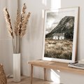 Plakat w ramie 50x70 - Biały Domek w Sepii: Wiejski Urok - domek w górach, kolory sepii - rama drewno