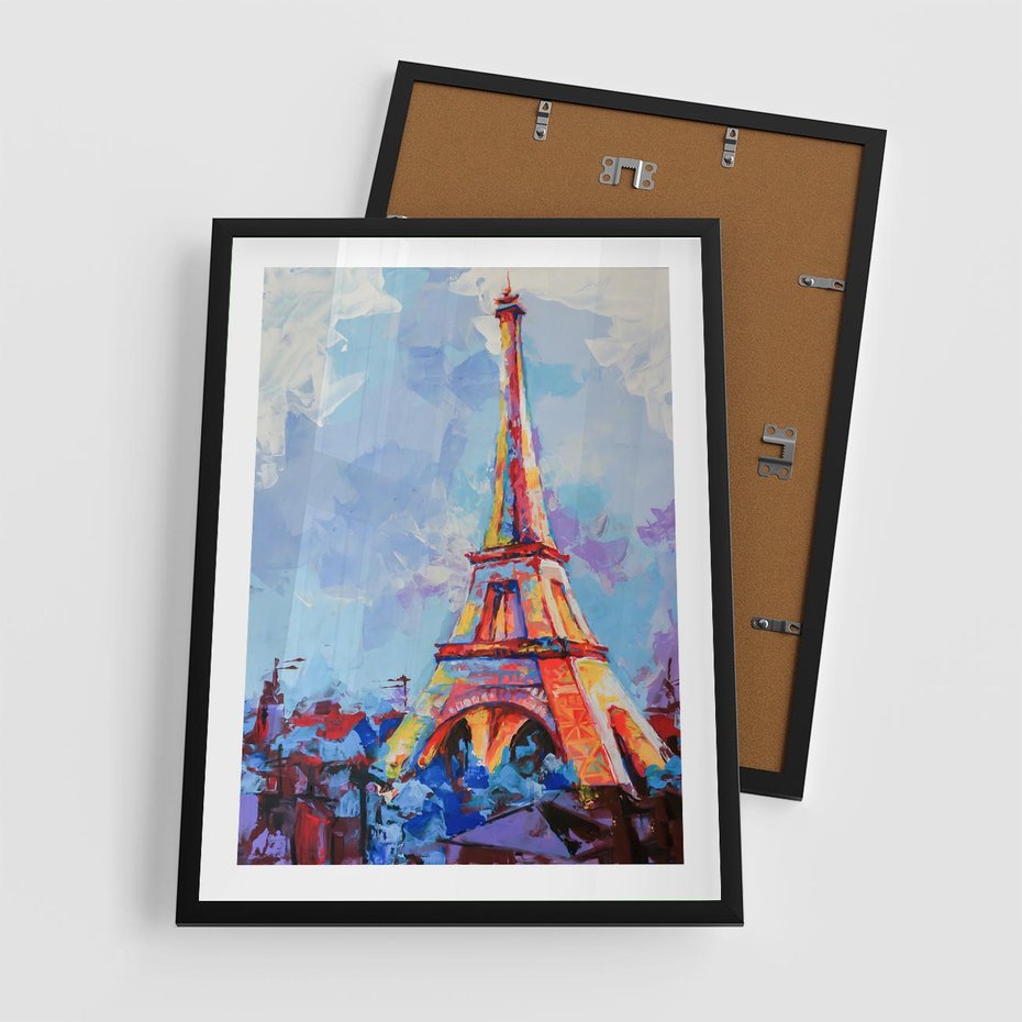Plakat w ramie 50x70 - Paryska Wieża - olejny abstrakcyjny obraz, wieża eiffla - rama czarna