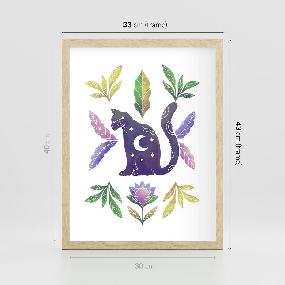 Plakat w ramie 30x40 - Migotliwa Przestrzeń - boho kot, plakat - rama drewno