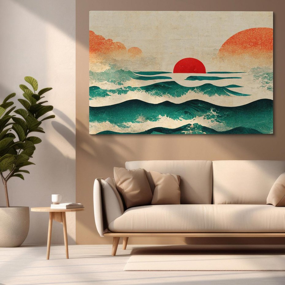 Obraz na płótnie 70x50 - Czerwone Melodie - japońska sztuka, zachód słońca nad oceanem