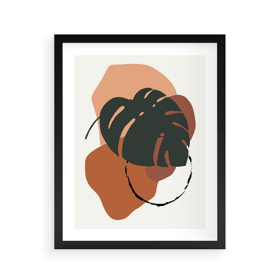 Plakat w ramie 40x50 - Brązowa Ekspresja - liść monstery, boho obraz - rama czarna