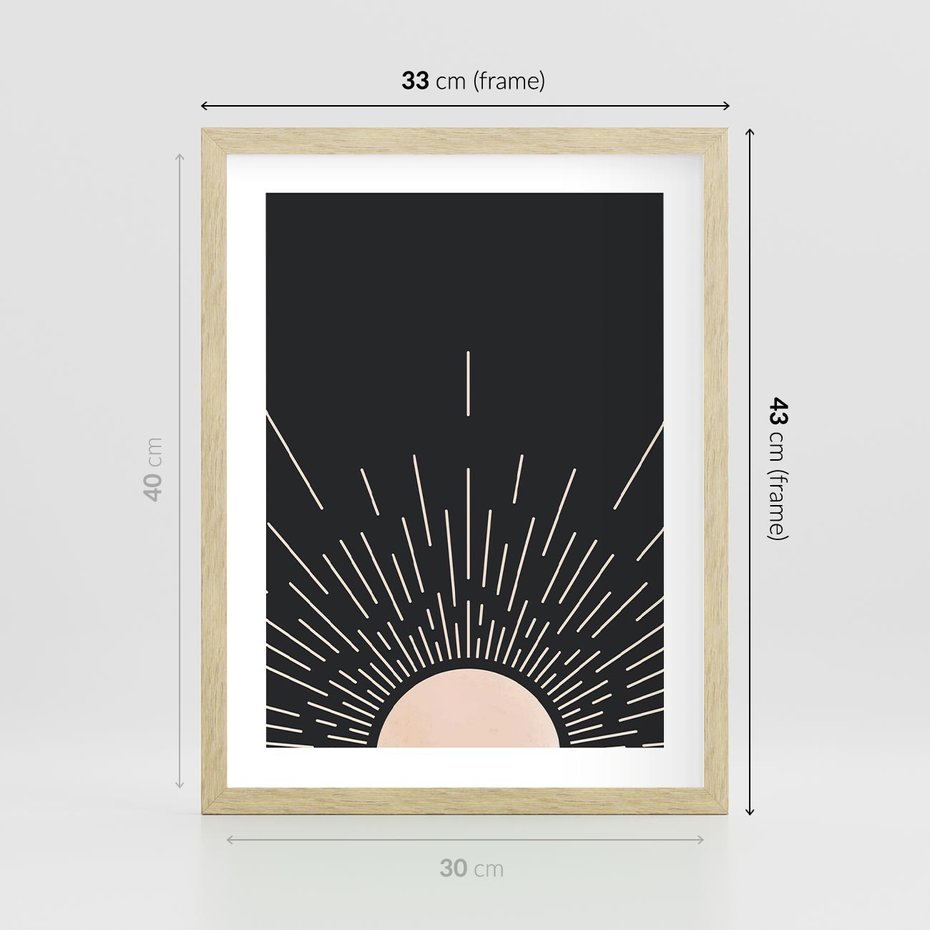 Plakat w ramie 30x40 - Słoneczny Portret Duszy - boho czarne słońce, nowoczesna grafika - rama drewno