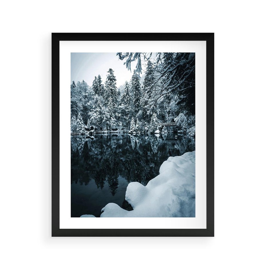Plakat w ramie 40x50 - Zima nad Jeziorem - krajobraz zimowy, jezioro - rama czarna