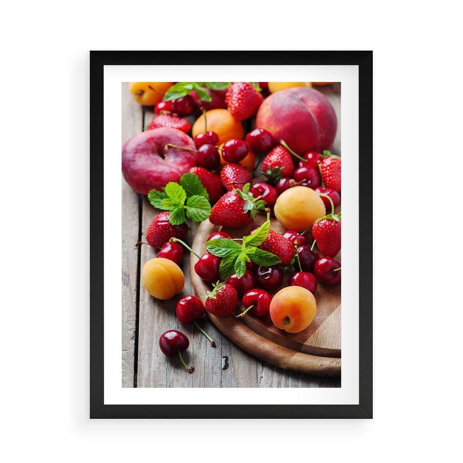 Plakat w ramie 50x70 - Owoce w restauracji artystycznie - owoce, restauracja - rama czarna