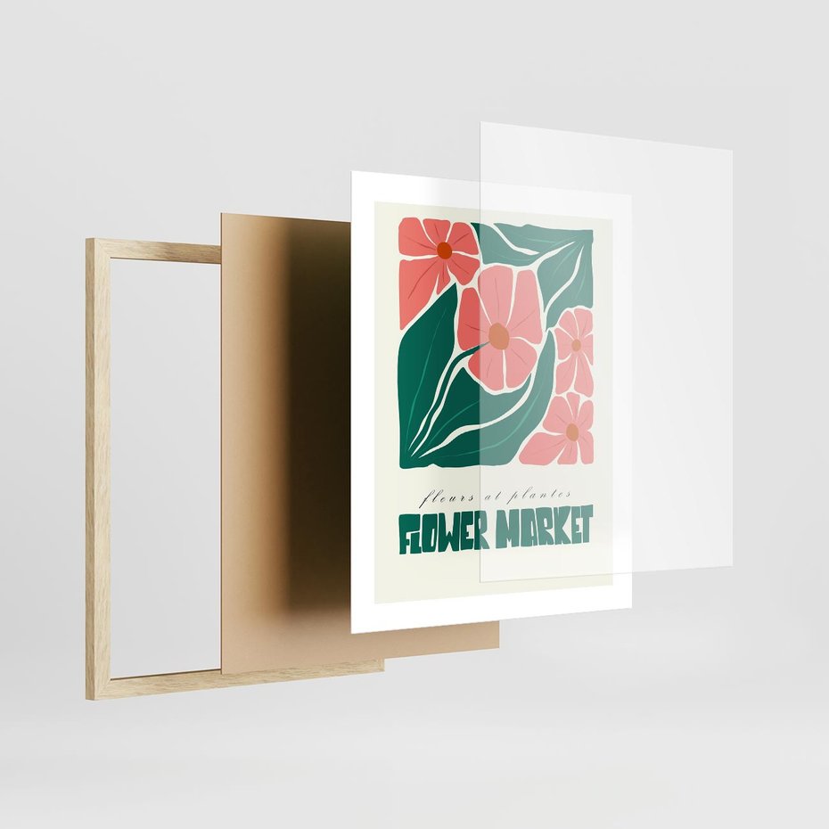 Plakat w ramie 40x50 - Retro Inspiracja - minimalistyczna kwiatowa kompozycja, pastelowe kolory - rama drewno