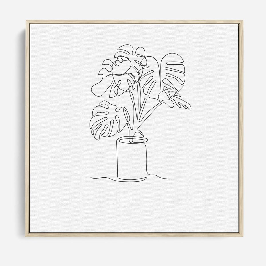 Obraz w ramie 80x80 - Tajemnicza Harmonia - sztuka one line, monstera - rama drewno