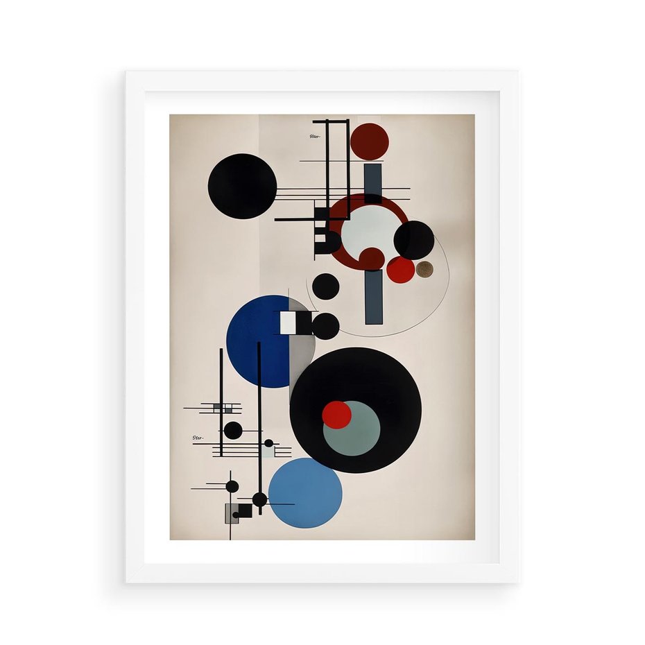 Plakat w ramie 50x70 - Rozkwitające Wibracje Wyobraźni - abstrakcyjna geometryczna kompozycja, koła linie - rama biała