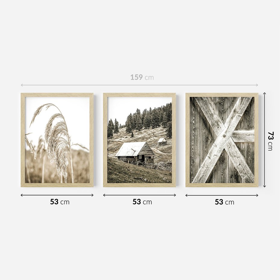 Zestaw obrazy w ramie 50x70 galeria - Chata, szopa, w, górach - rama drewno