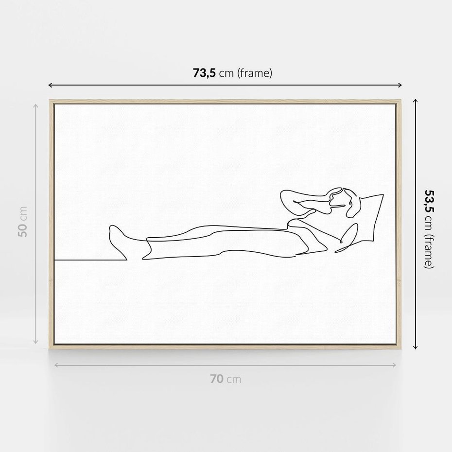 Obraz w ramie 70x50 - Postać na Łóżku - one line art, szkic - rama drewno