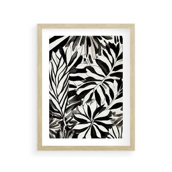 Plakat w ramie 40x50 - Czarne Liście - akwarelowy obraz, czarno biały - rama drewno