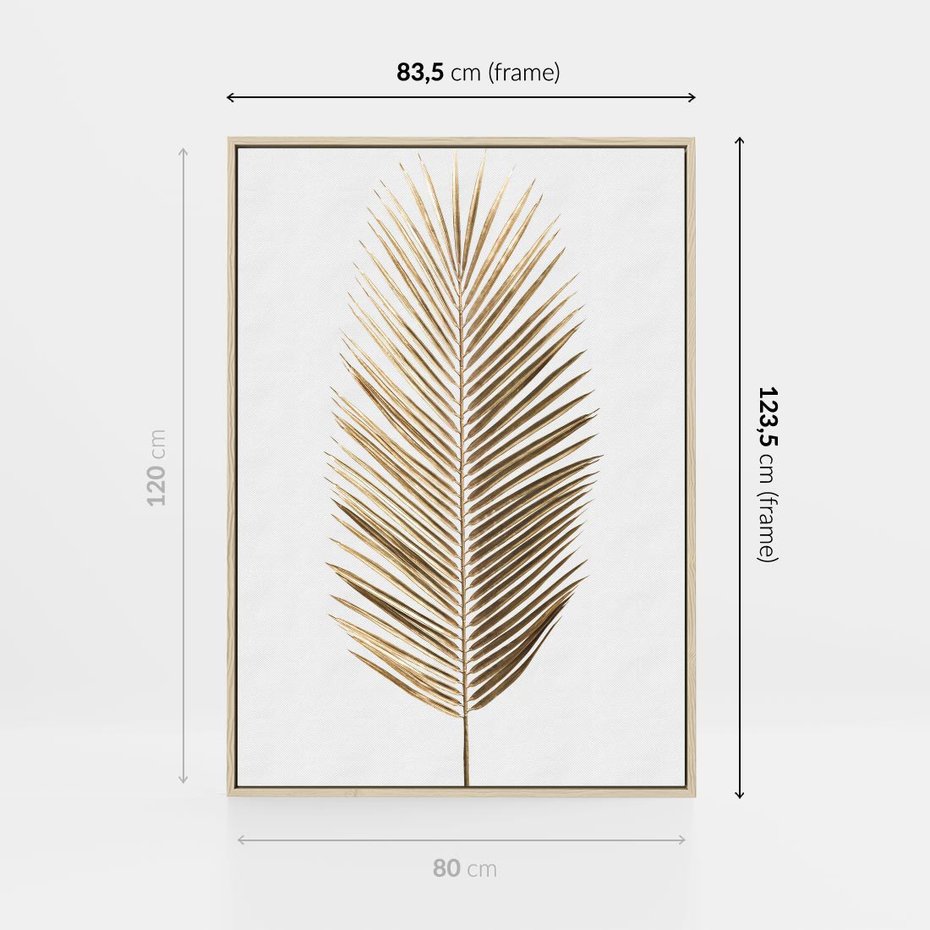 Obraz w ramie 80x120 - Złoty blask palmowego liścia - złota, palma - rama drewno