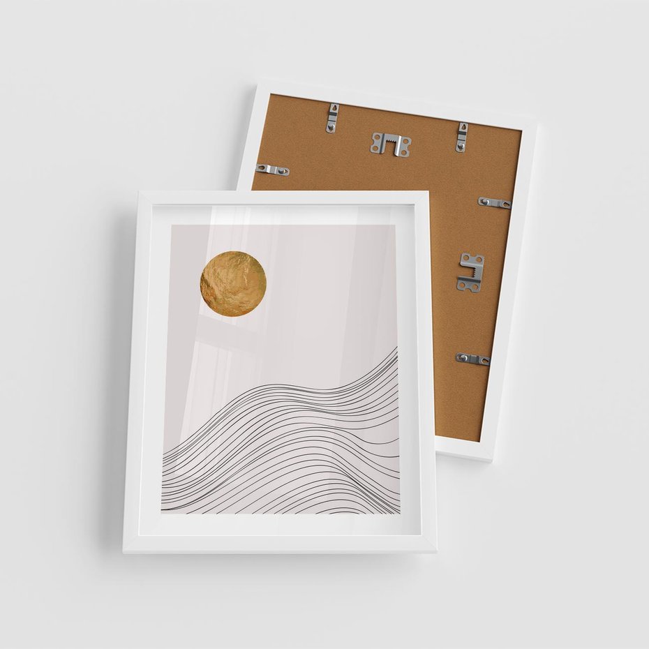 Plakat w ramie 40x50 - Minimalistyczne Słońce: Blask i Złoto - grafika, minimalizm - rama biała