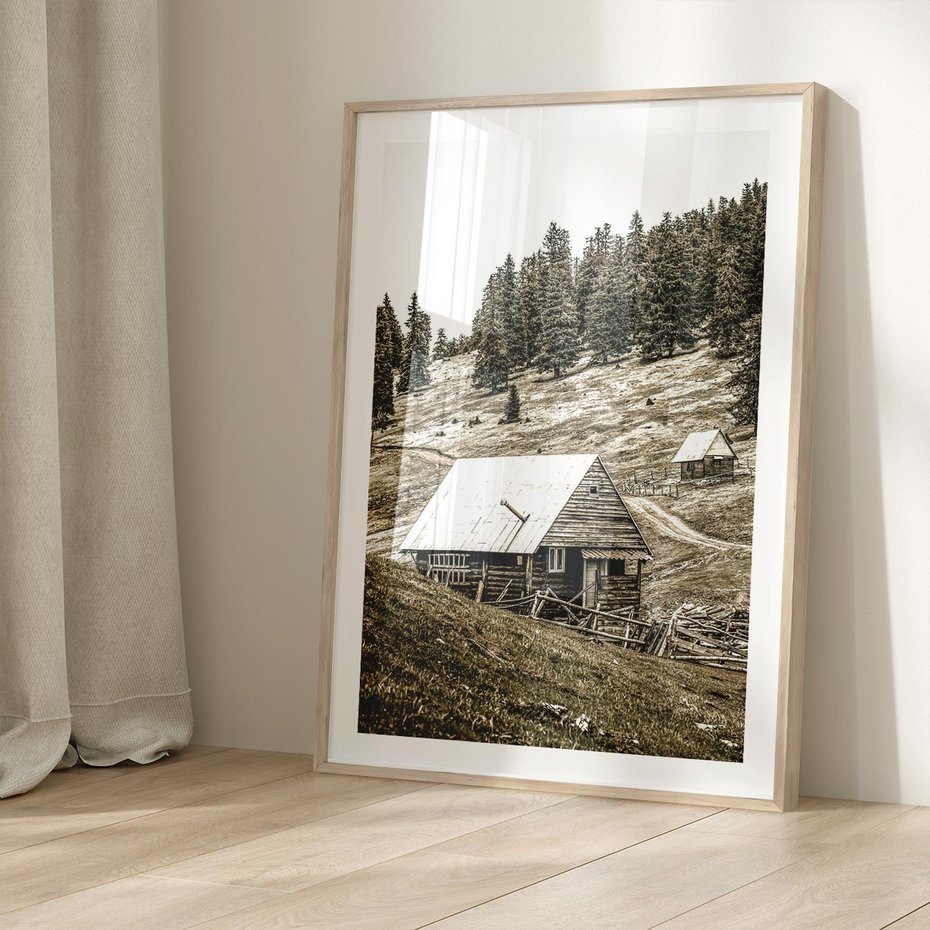 Plakat w ramie 30x40 - Ustronne Chatki w Górach - rustykalne domki w górach, sepia - rama drewno