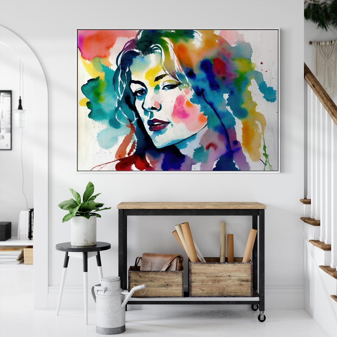 Obraz w ramie 70x50 - Abstrakcyjna ekstaza barw - abstrakcyjny portret kobiety, szkic czarną kreską - rama biała