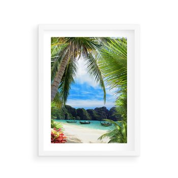 Plakat w ramie 40x50 - Palmy tańczące na tropikalnej plaży - palmy, plaża - rama biała