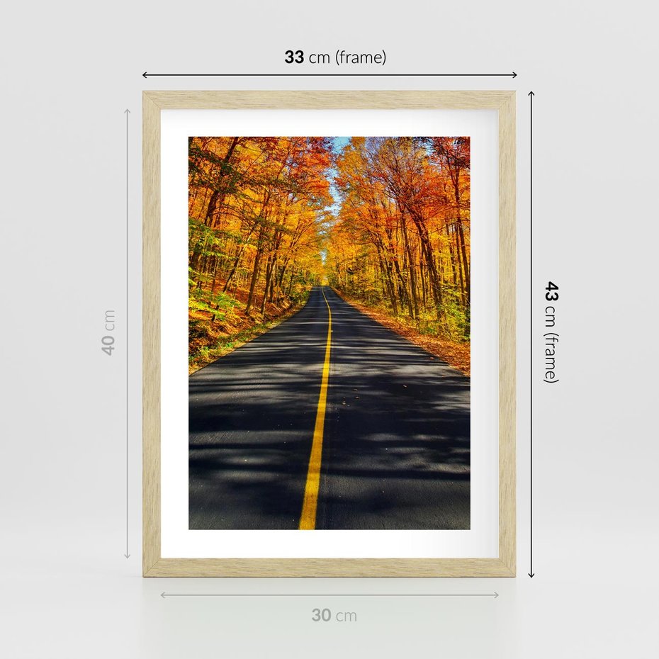 Plakat w ramie 30x40 - Droga przez jesienny las - droga, las - rama drewno