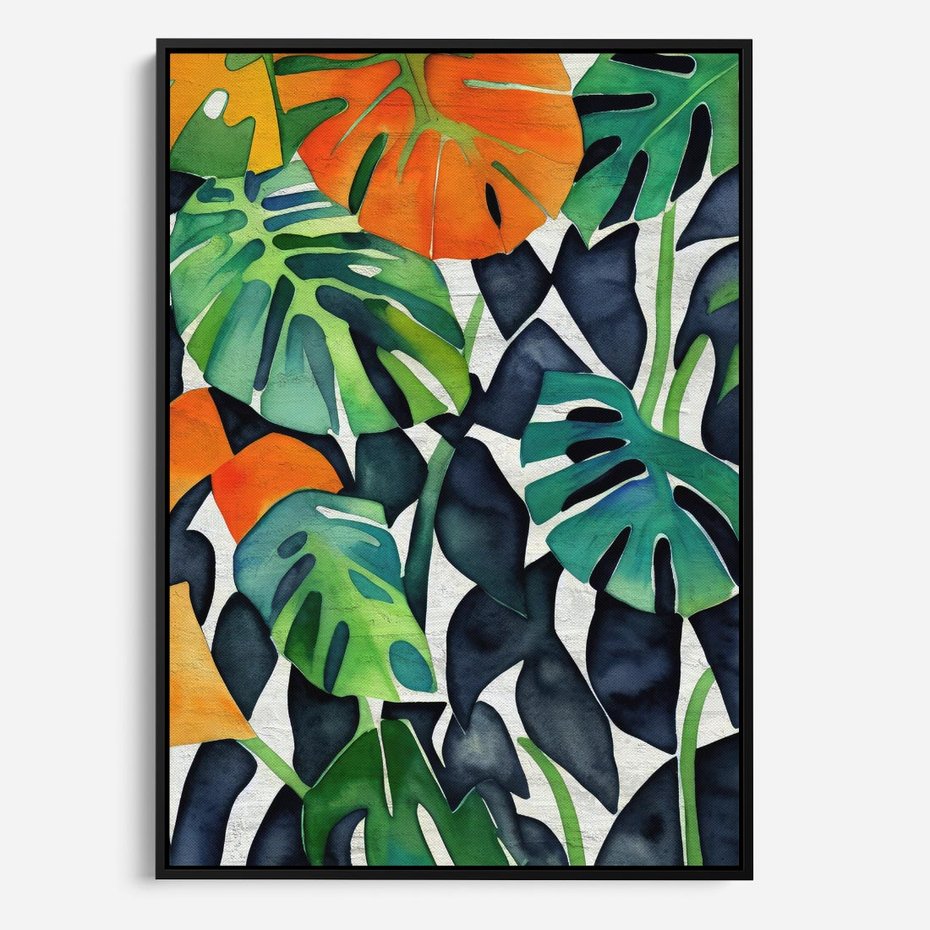 Obraz w ramie 50x70 - Tropikalne Pragnienia - akwarela, liście tropikalne - rama czarna