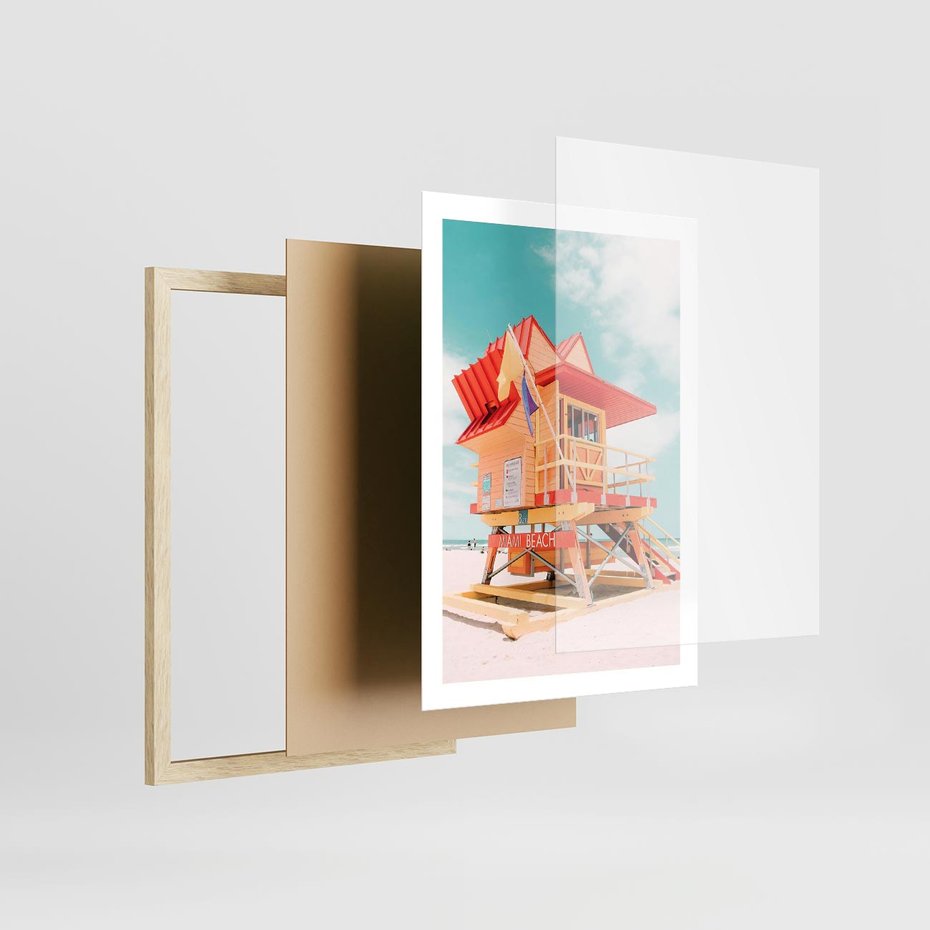 Plakat w ramie 50x70 - Rajski Widok - plaża miami, domek ratownika - rama drewno