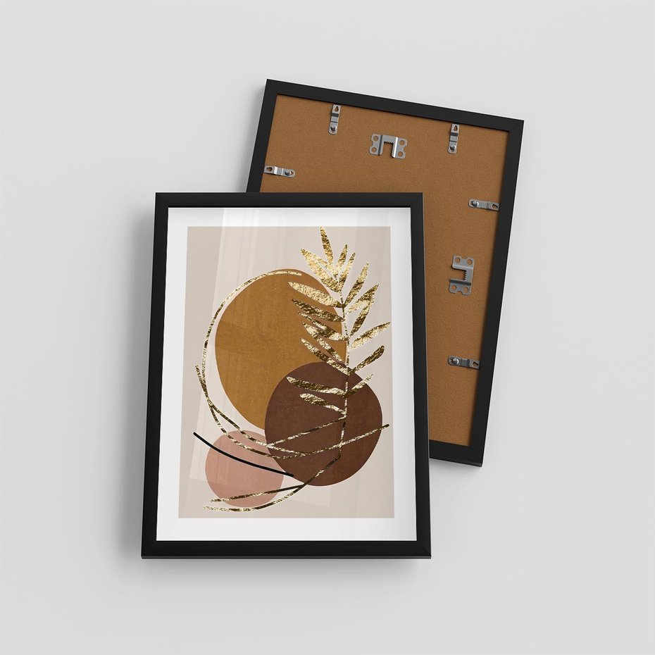 Plakat w ramie 30x40 - Taniec Przenikających Odbić - abstrakcyjny obraz, złote liście palmy - rama czarna