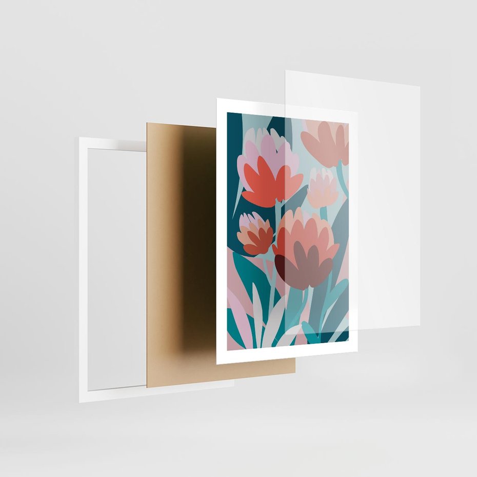 Plakat w ramie 50x70 - Symfonia Kwiatów - abstrakcyjna kompozycja kwiatowych form, kolor zgaszone - rama biała