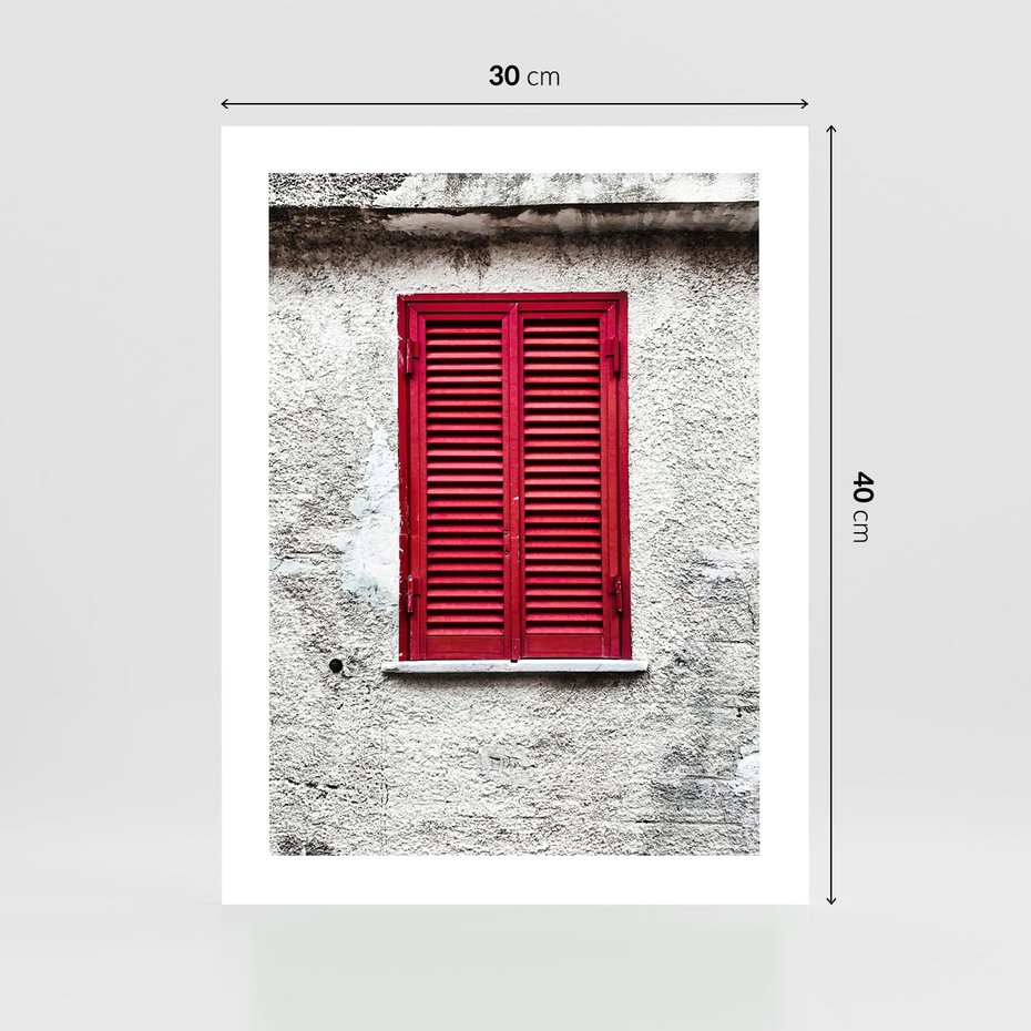 Plakat bez ramy 30x40 - Okno z Czerwonymi Okiennicami - stare okno, kamienica