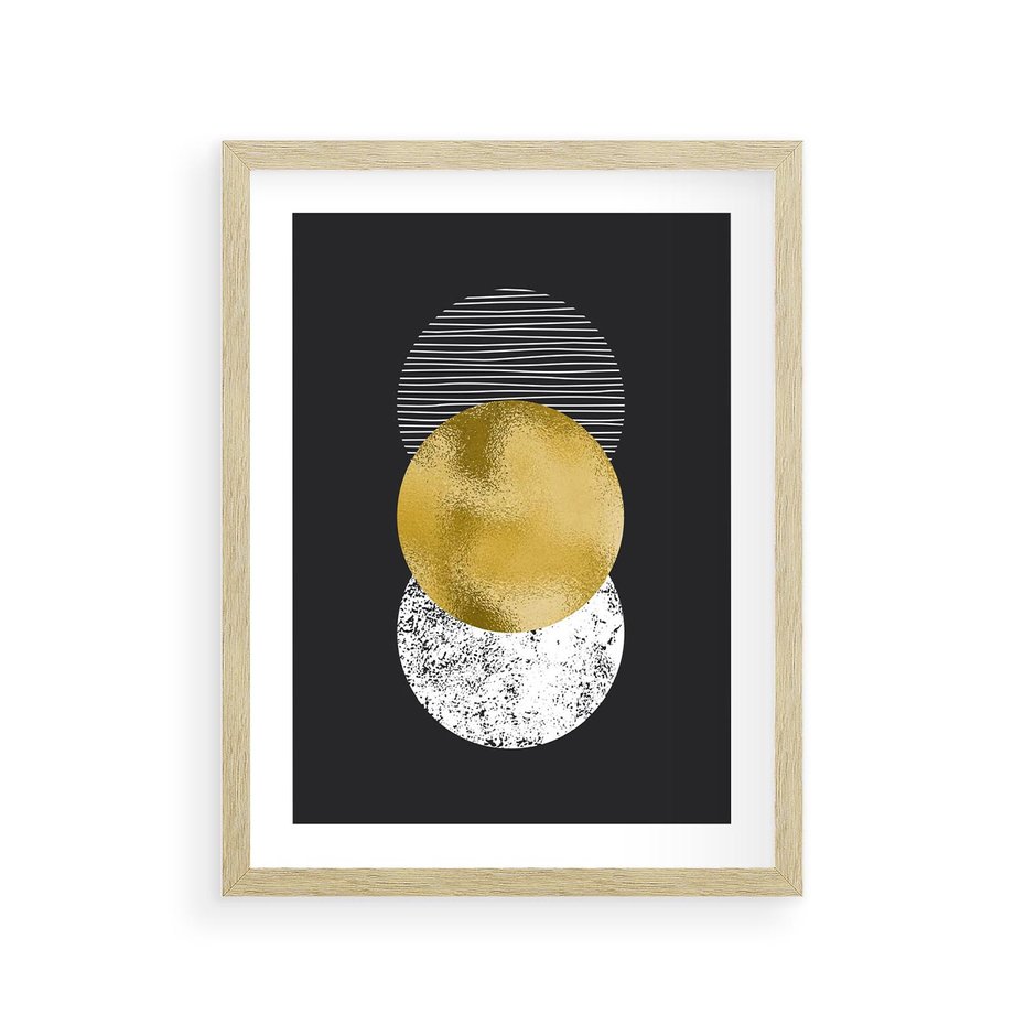 Plakat w ramie 30x40 - Geometryczna Perfekcja: Złote Koło - geometryczna grafika, złote koło - rama drewno