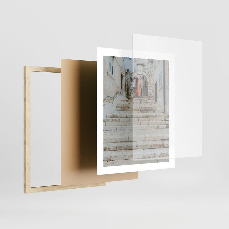 Plakat w ramie 40x50 - Schody we Włoskim Miasteczku - schody, śródziemnomorskie miasteczko - rama drewno