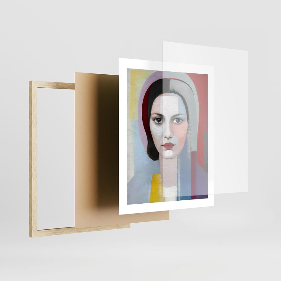 Plakat w ramie 40x50 - Kolorowe Granice Form - abstrakcyjny obraz olejny, portret twarzy kobiety - rama drewno