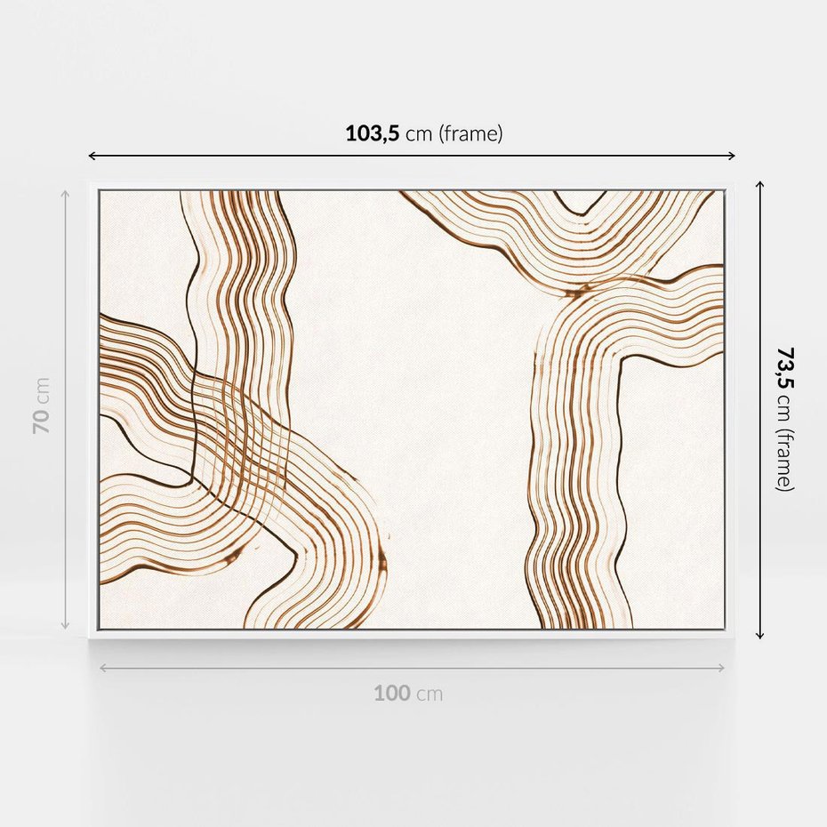 Obraz w ramie 100x70 - Ścieżki pędzla i myśli - minimalistyczna kompozycja, abstrakcyjne brązowe linie na białym tle - rama biała