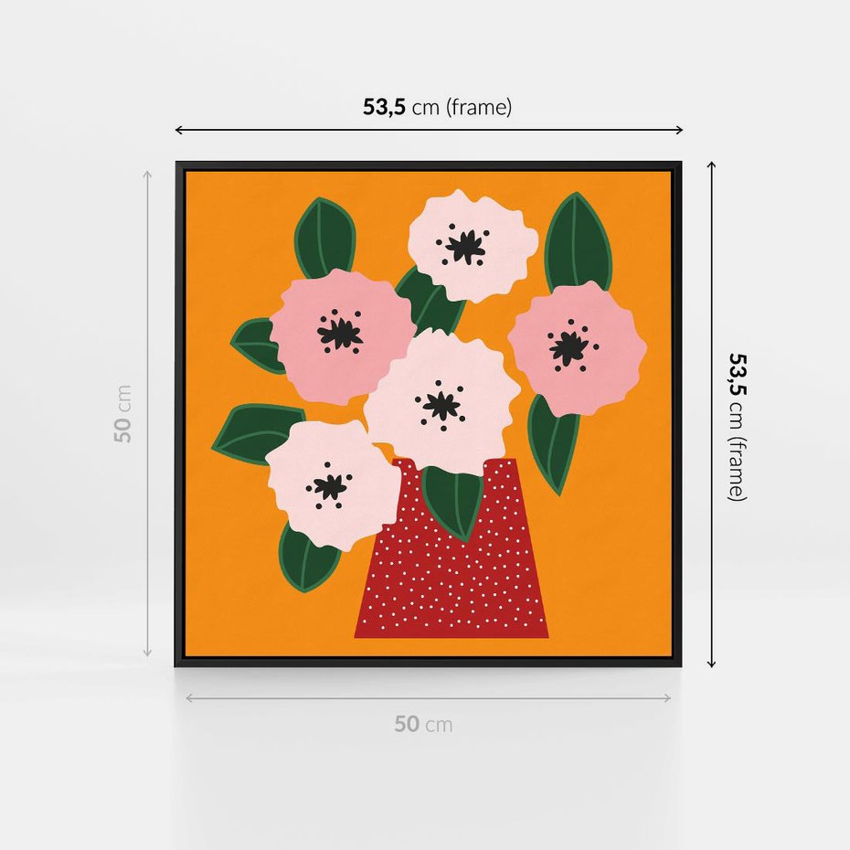 Obraz w ramie 50x50 - Harmonijne Granice - abstrakcyjne kwiaty, żółte tło - rama czarna