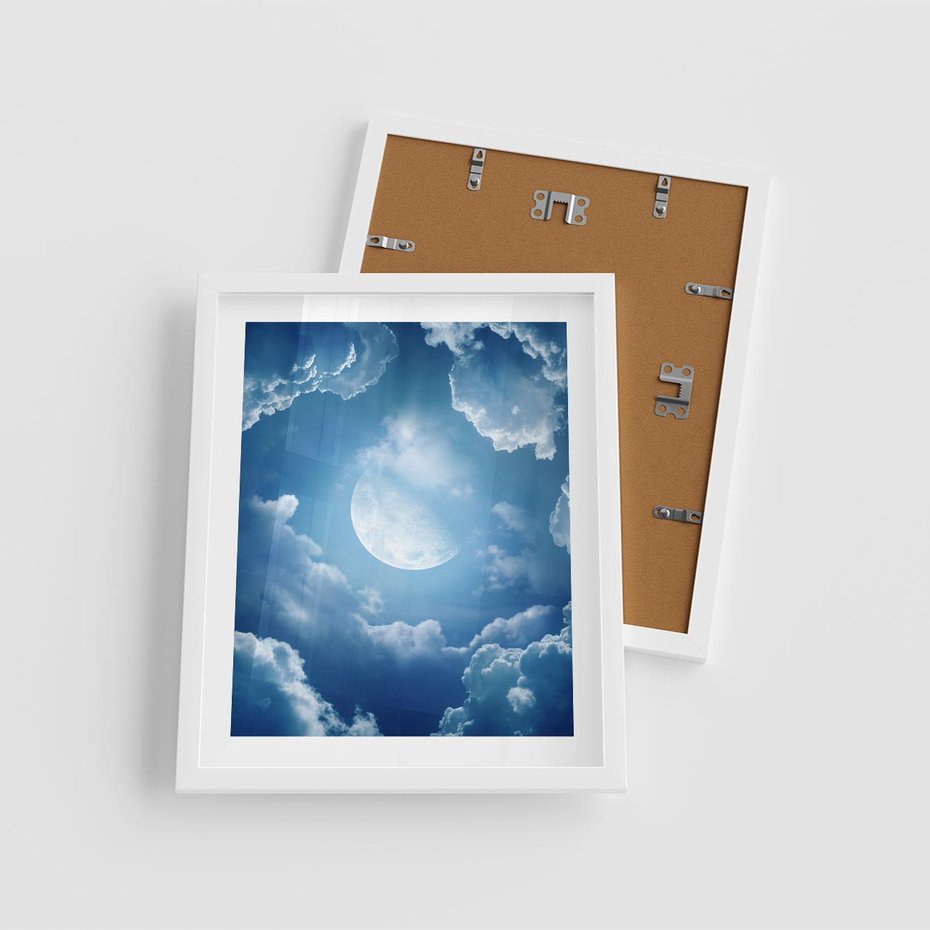 Plakat w ramie 40x50 - Księżycowe Chmury - księżyc, chmury - rama biała